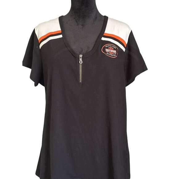 Harley-Davidson Womens Short Sleeve Zip Front Black Tee With Logo & Retro Stripe - Picture 1 of 4